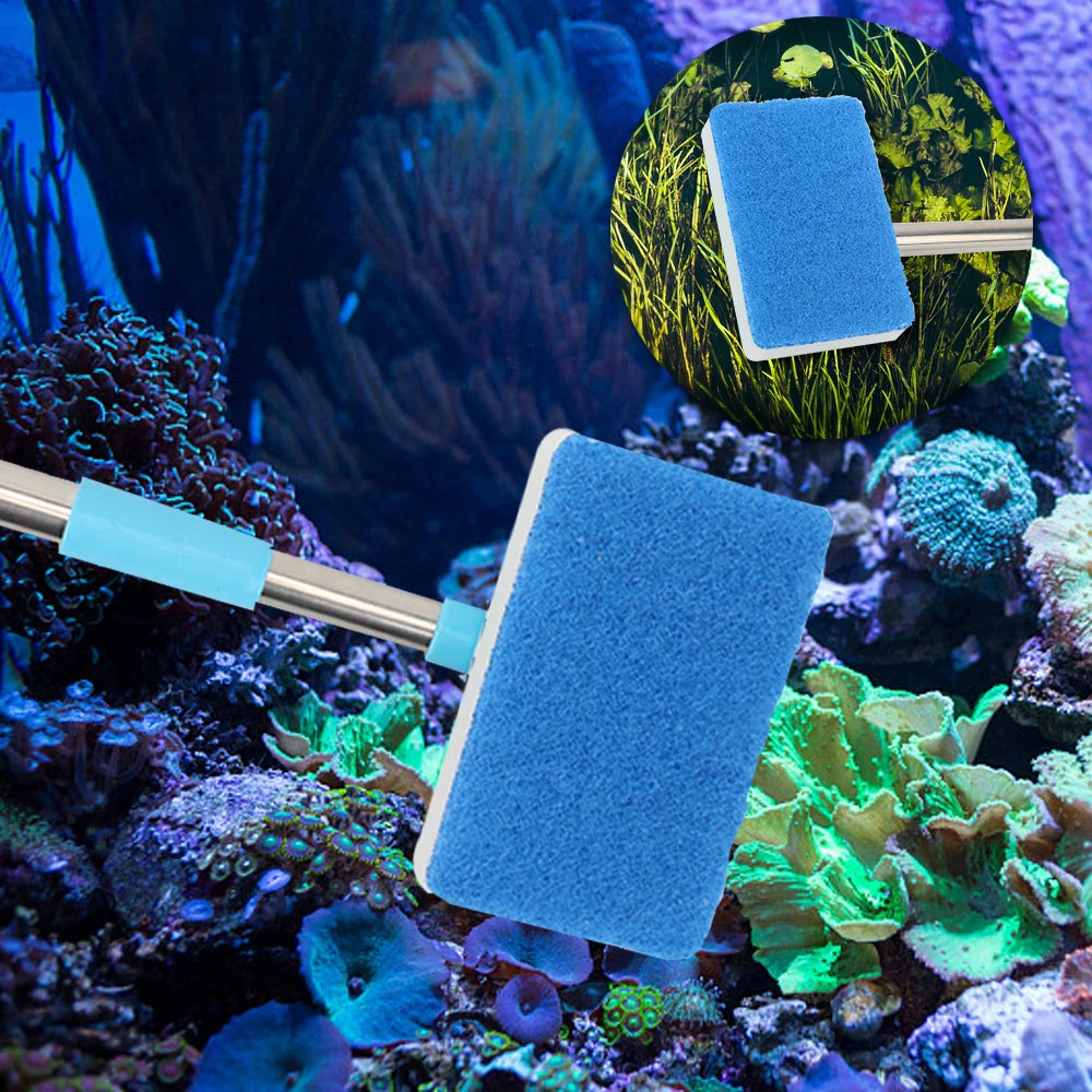 Cleaner Scrubber 180° adjustable Double-Sided Sponge Cleaning Brush Aquarium Fish Tank Glass Window Algae Super Long Handle