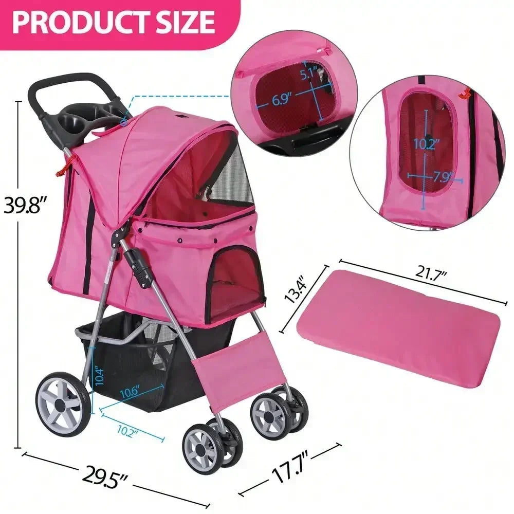 Pink 4-Wheel Foldable Pet Stroller with Basket