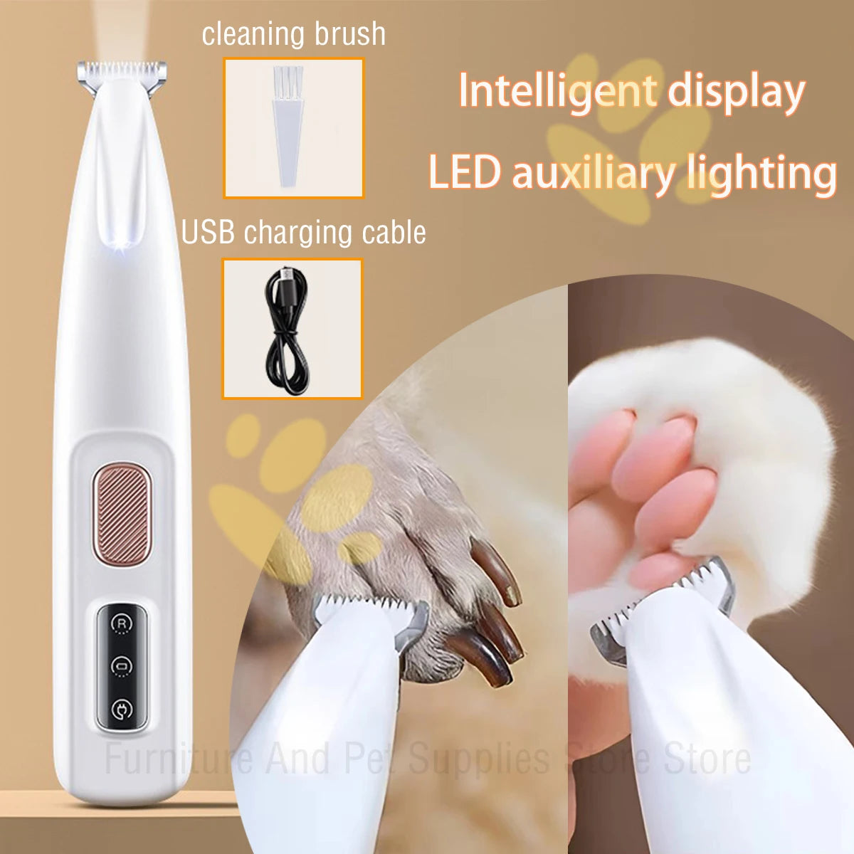 Waterproof Dog Paw Trimmer with LED Light & Display