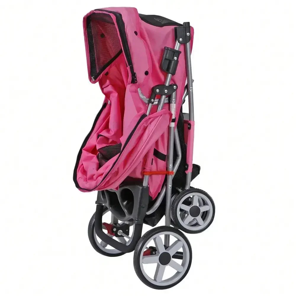 Pink 4-Wheel Foldable Pet Stroller with Basket