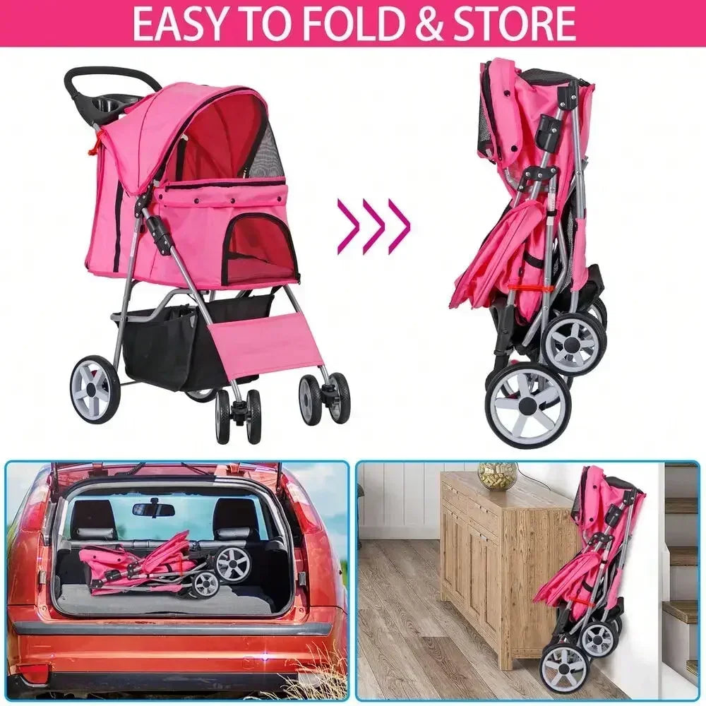 Pink 4-Wheel Foldable Pet Stroller with Basket