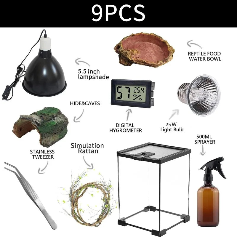 9-Piece Vertical Reptile Terrarium Starter Kit 8"x8"x12"