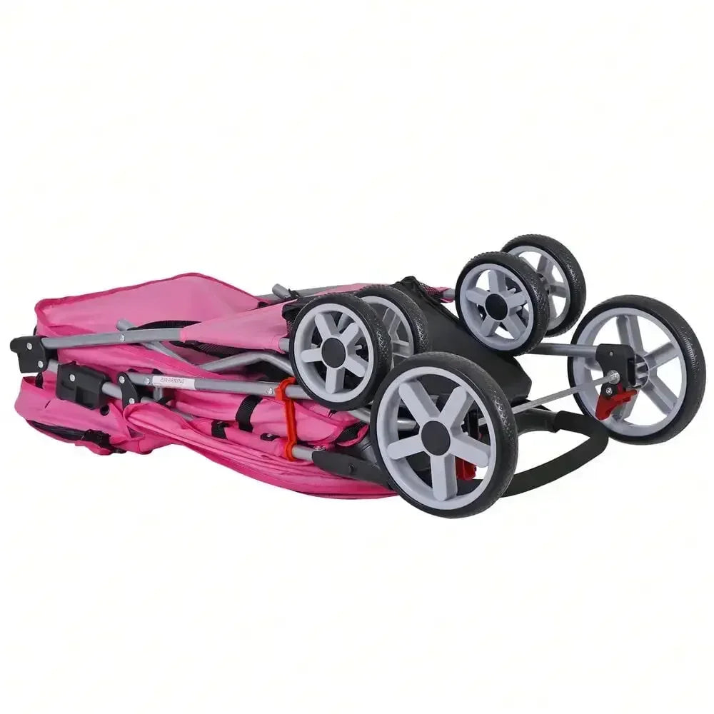 Pink 4-Wheel Foldable Pet Stroller with Basket