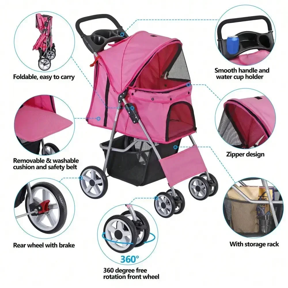 Pink 4-Wheel Foldable Pet Stroller with Basket