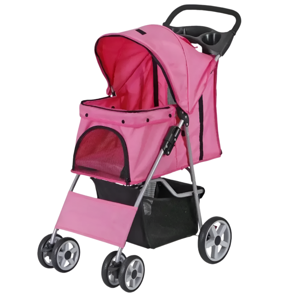 Pink 4-Wheel Foldable Pet Stroller with Basket
