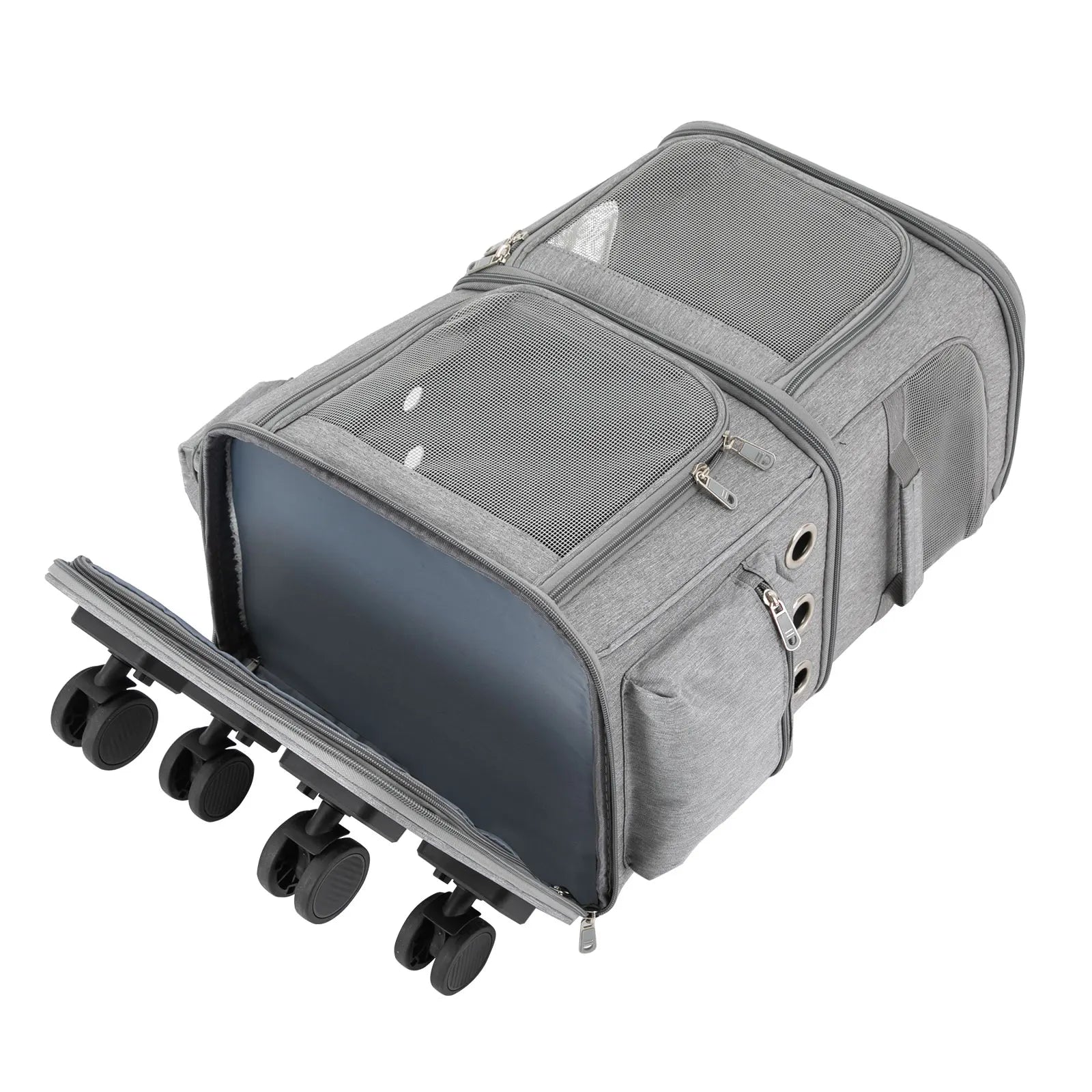 Double-Compartment Rolling Cat Carrier with Wheels