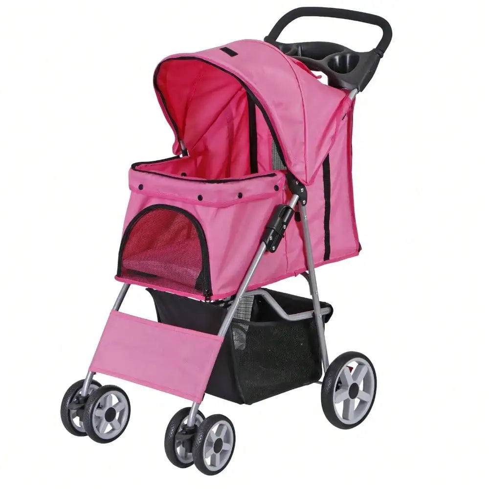 Pink 4-Wheel Foldable Pet Stroller with Basket