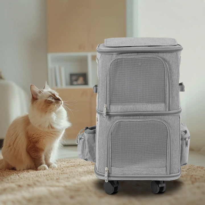 Double-Compartment Rolling Cat Carrier with Wheels
